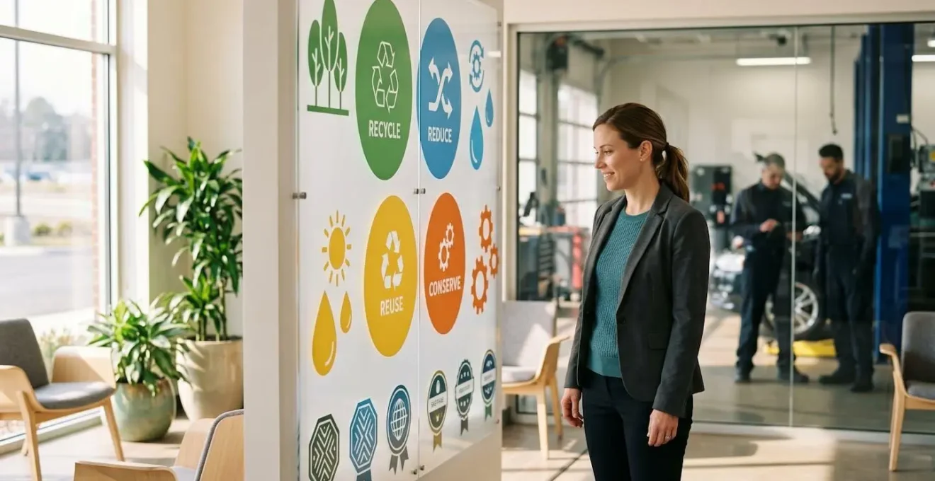 Espace d'accueil client moderne avec affichage environnemental dans un garage automobile