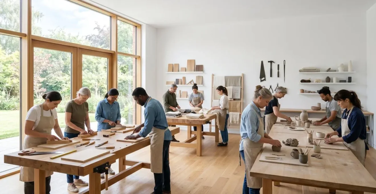 Salle de formation moderne avec artisans en apprentissage pratique
