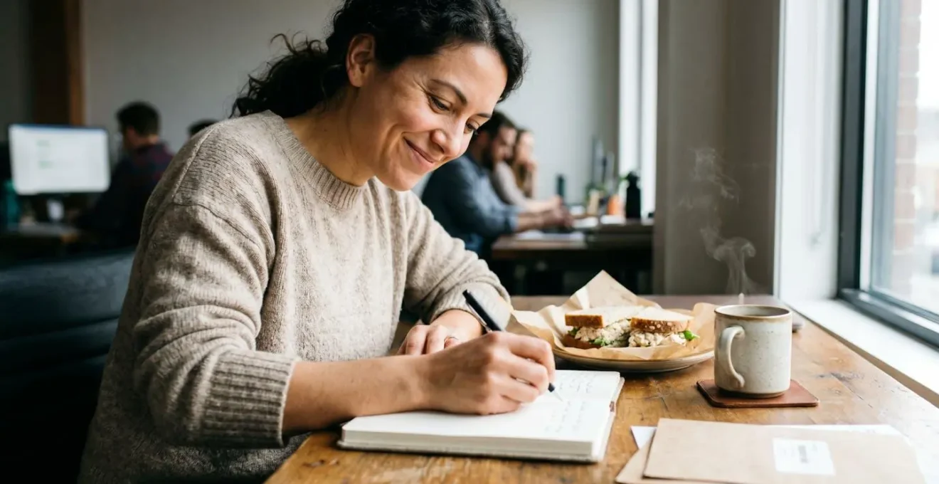 Entrepreneur saisissant ses recettes pendant sa pause café avec méthode organisée