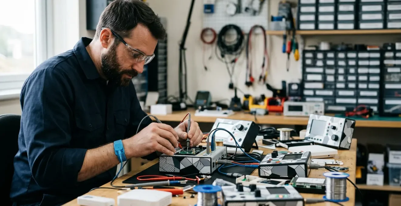 Technicien domotique analysant une installation avec équipement de diagnostic professionnel
