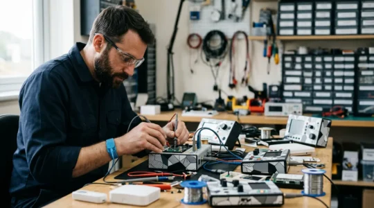 Technicien domotique analysant une installation avec équipement de diagnostic professionnel