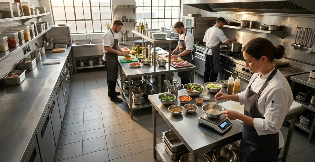 Vue d'ensemble d'une cuisine professionnelle avec calculs financiers et ingrédients
