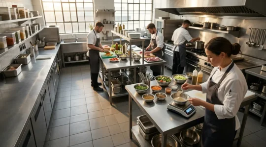 Vue d'ensemble d'une cuisine professionnelle avec calculs financiers et ingrédients