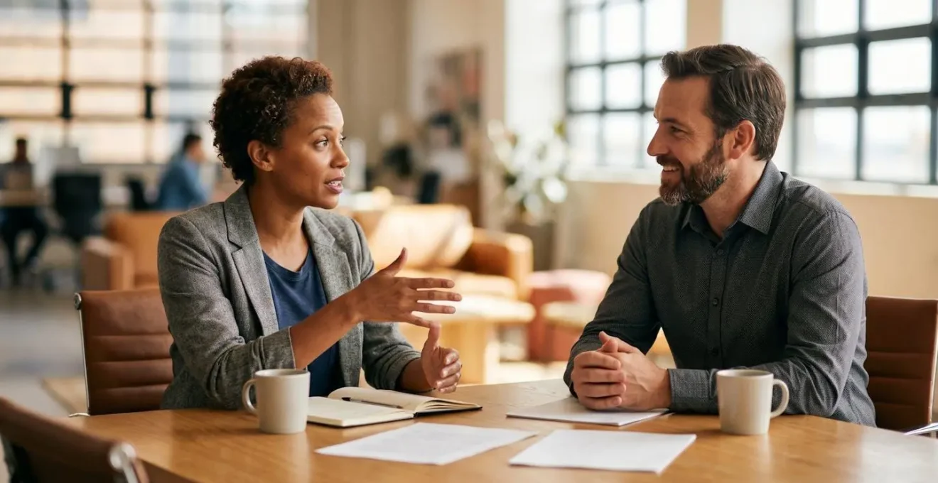 Échange professionnel entre freelance et client autour d'un contrat