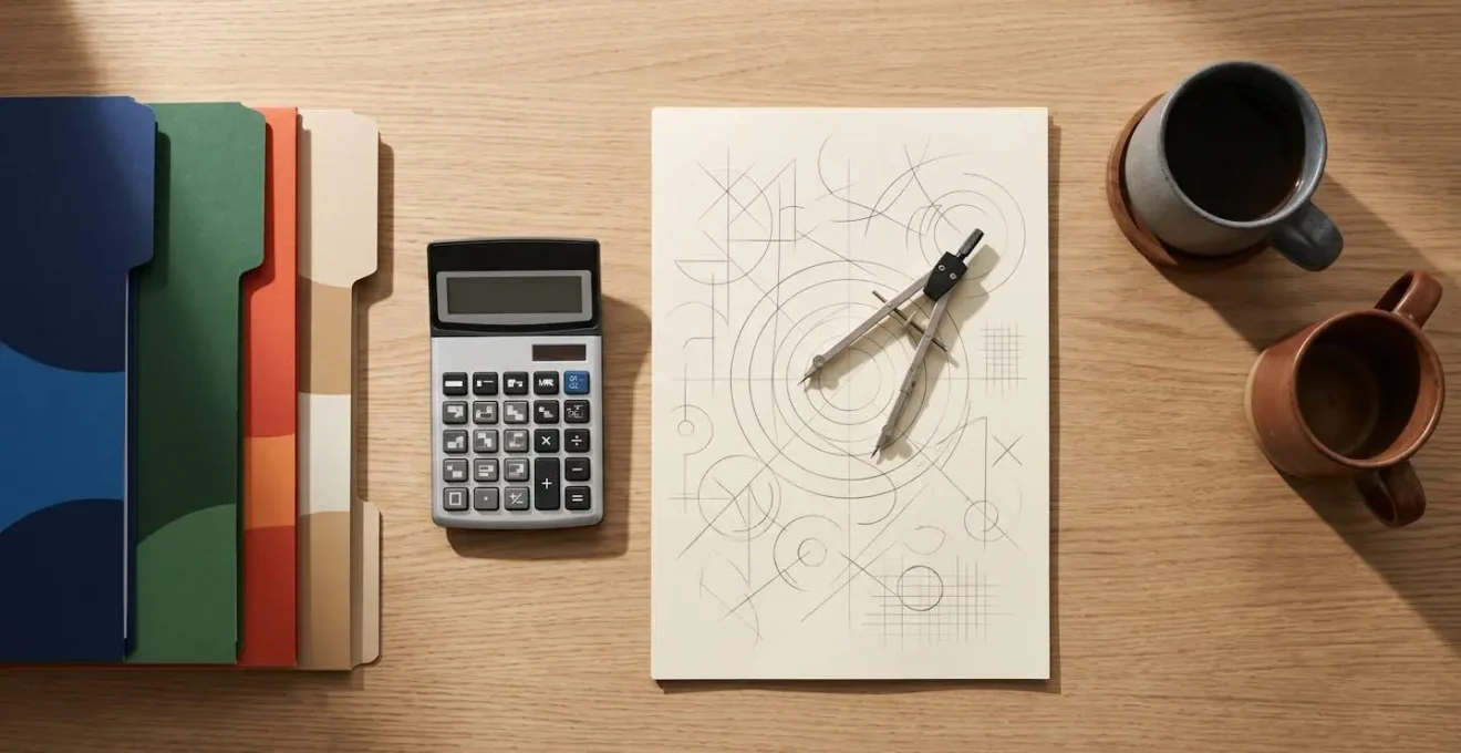 Table de travail avec dossiers juridiques et calculatrice lors d'une transformation d'entreprise