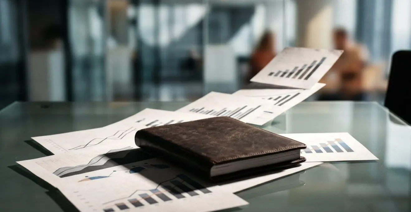 Bureau moderne avec graphiques d'analyse financière et rapport relié fermé, éclairage professionnel