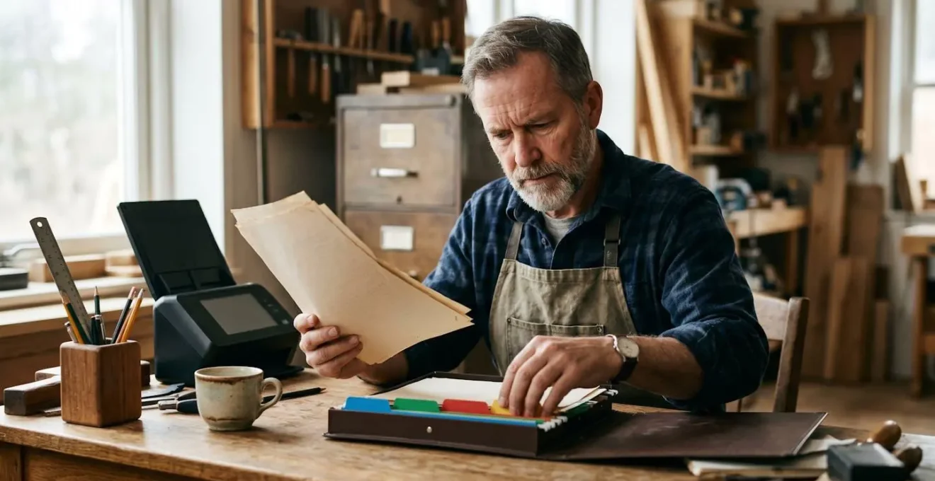 Espace de travail d'artisan avec système d'archivage numérique et classeurs organisés