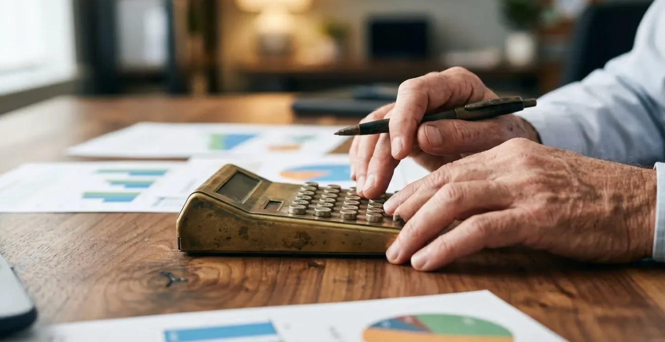 Gros plan sur les mains d'une personne analysant des documents financiers avec calculatrice et graphiques, ambiance bureau professionnel