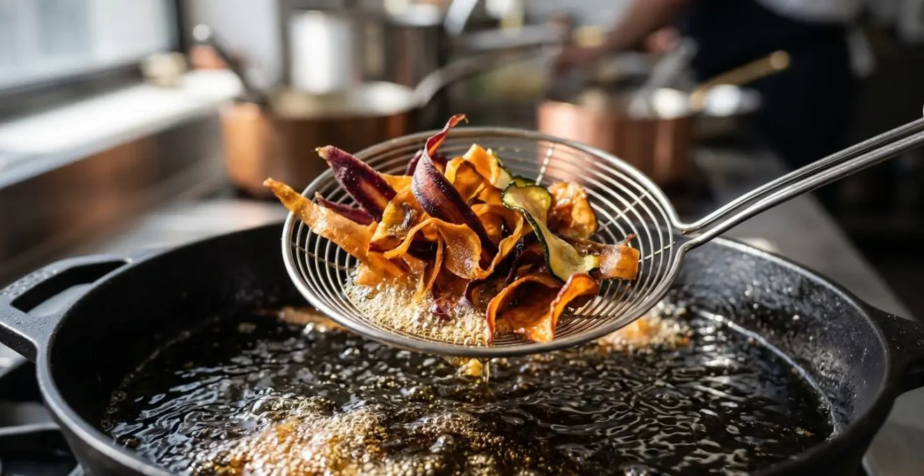 Chef transformant des épluchures de légumes en chips créatives