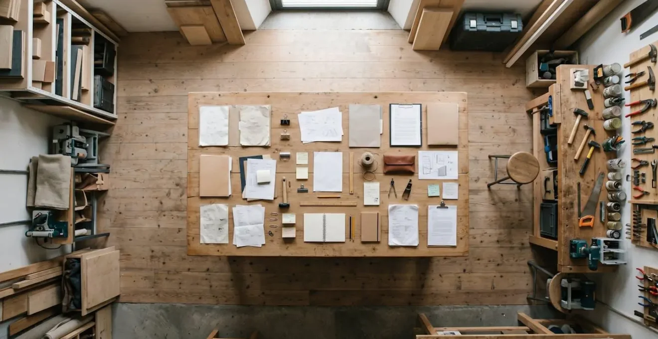 Vue aérienne d'un atelier avec calendrier et documents de transition organisés sur une grande table de travail