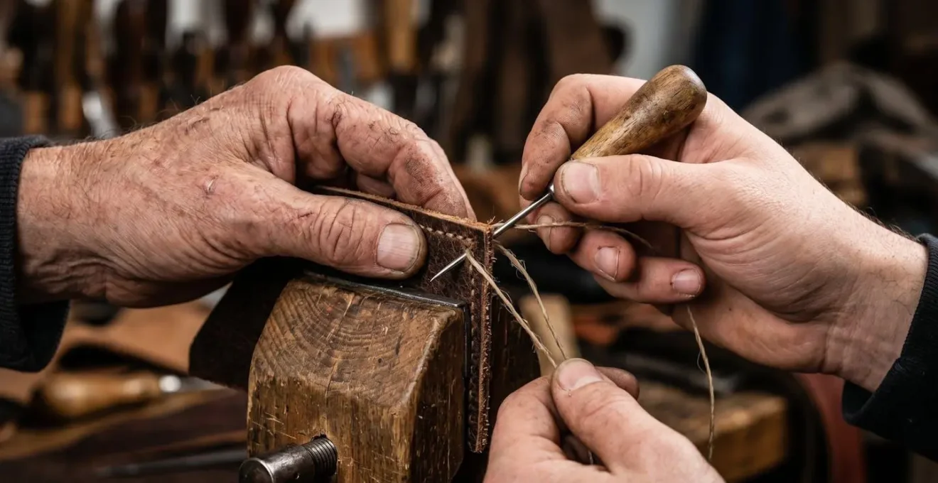 Artisan senior guidant son successeur dans l'atelier avec des gestes de transmission du savoir