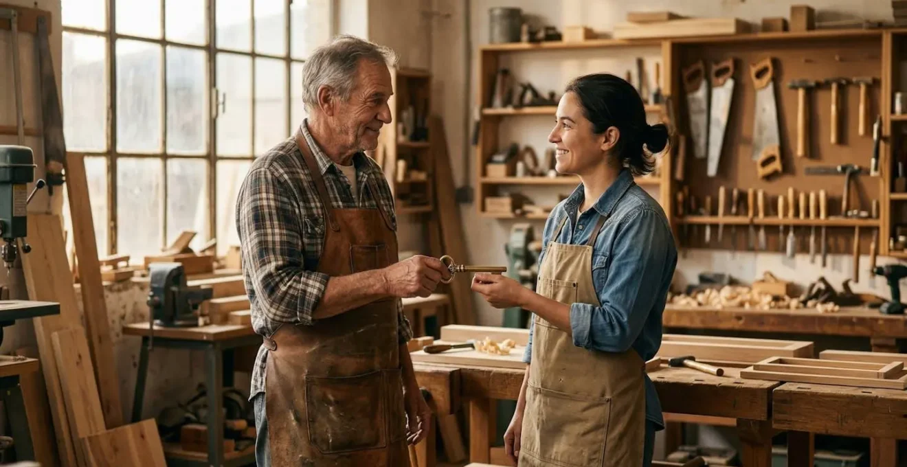 Passage de relais entre un artisan expérimenté et son enfant dans un atelier traditionnel