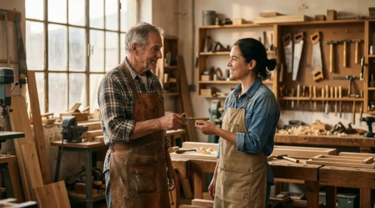 Passage de relais entre un artisan expérimenté et son enfant dans un atelier traditionnel