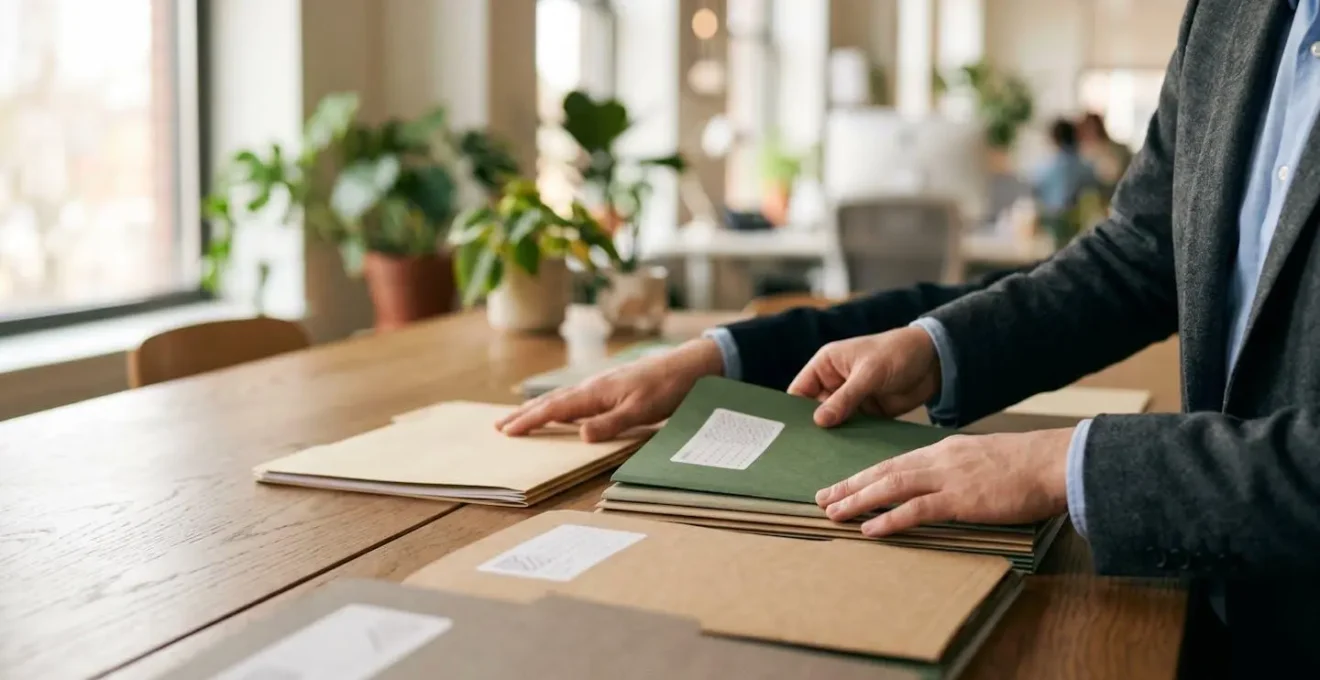 Dossiers ouverts avec papiers organisés sur table en bois, éclairage doux par fenêtre suggérant transparence
