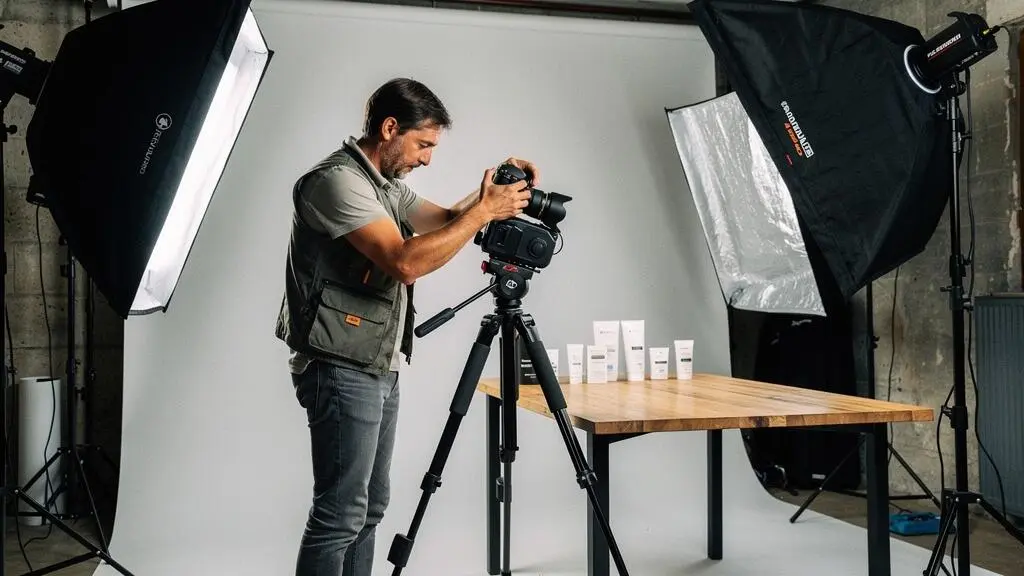 Photographe freelance préparant un shooting produit dans son studio