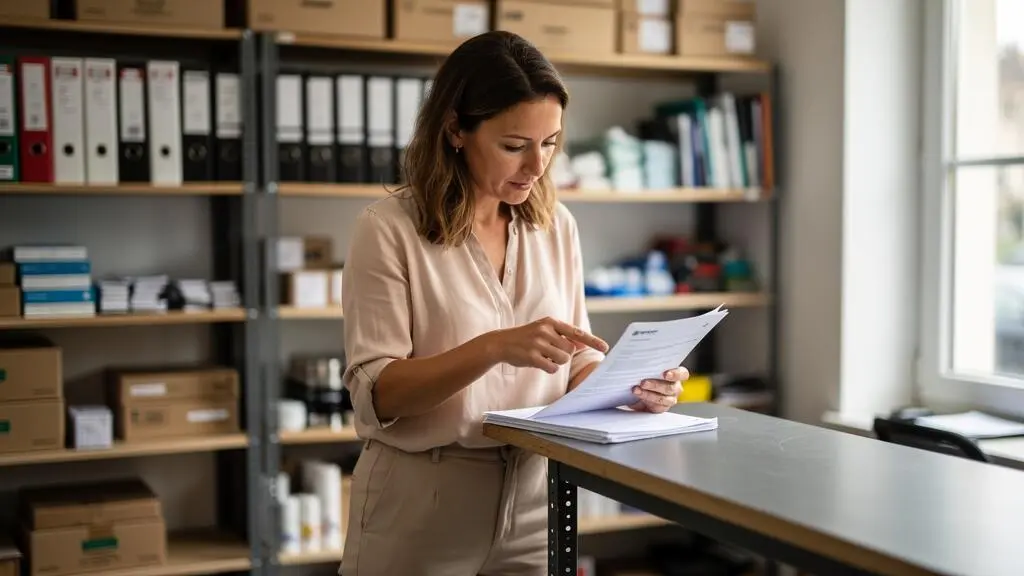 Gérante de TPE comparant différentes offres bancaires professionnelles debout dans son espace de travail Gérante de TPE comparant différentes offres bancaires professionnelles debout dans son espace de travail