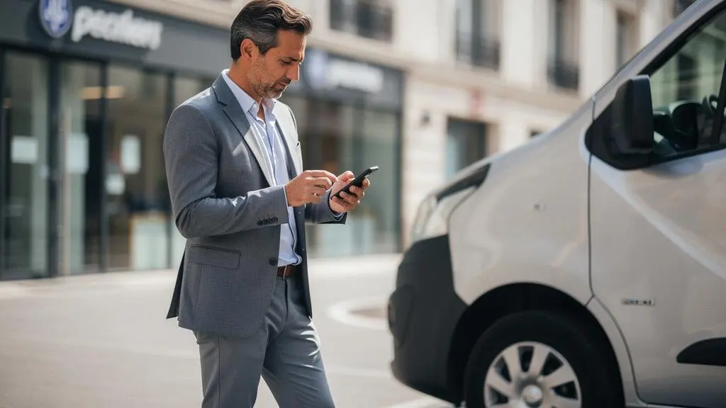Entrepreneur français consultant ses services bancaires sur smartphone en extérieur, debout dans un contexte professionnel urbain Entrepreneur français consultant ses services bancaires sur smartphone en extérieur, debout dans un contexte professionnel urbain